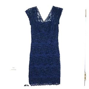 Deep blue fitted beaded and lace dress